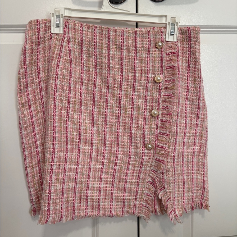Blue Rain Pink Plaid Fringe Mini Skirt